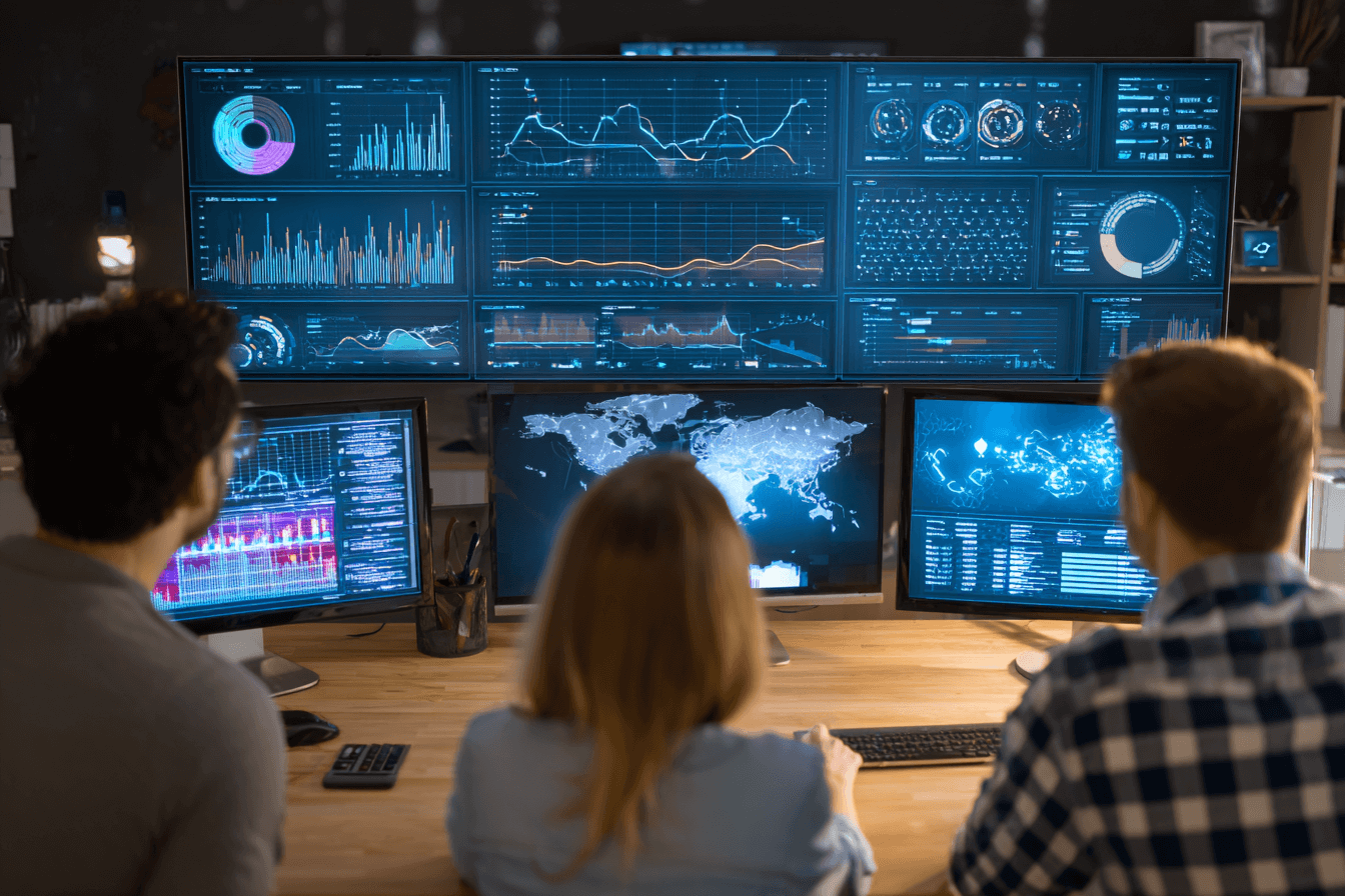 Business team monitoring hybrid cloud dashboard