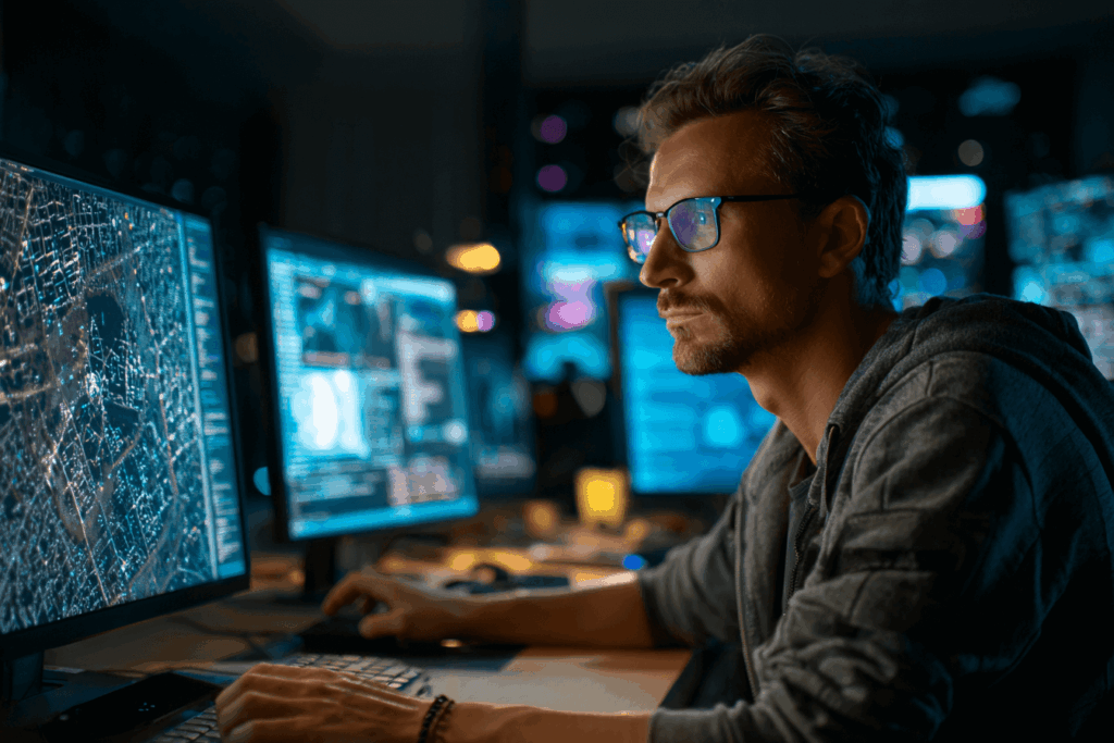 Cybersecurity professional monitoring ransomware threats on computer