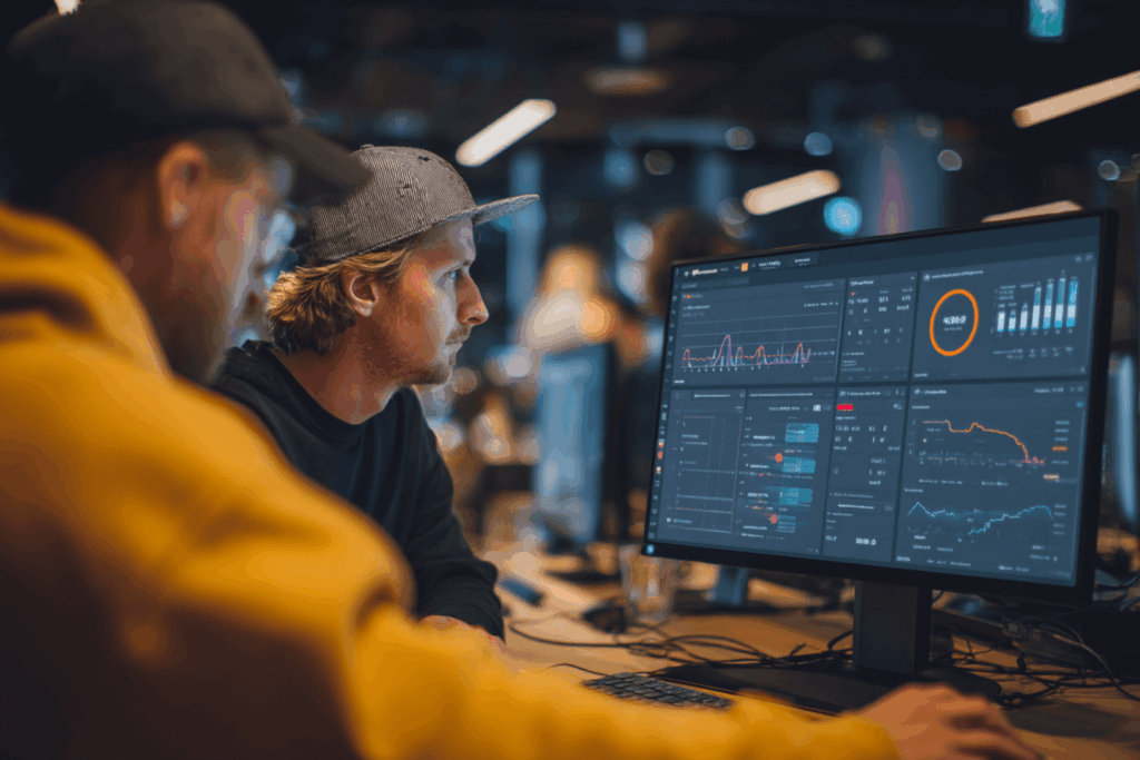 IT team managing hybrid cloud operations on a dashboard