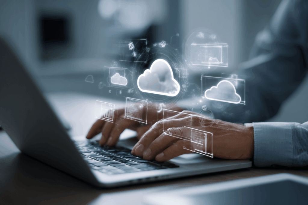 IT professional managing cloud services on a laptop