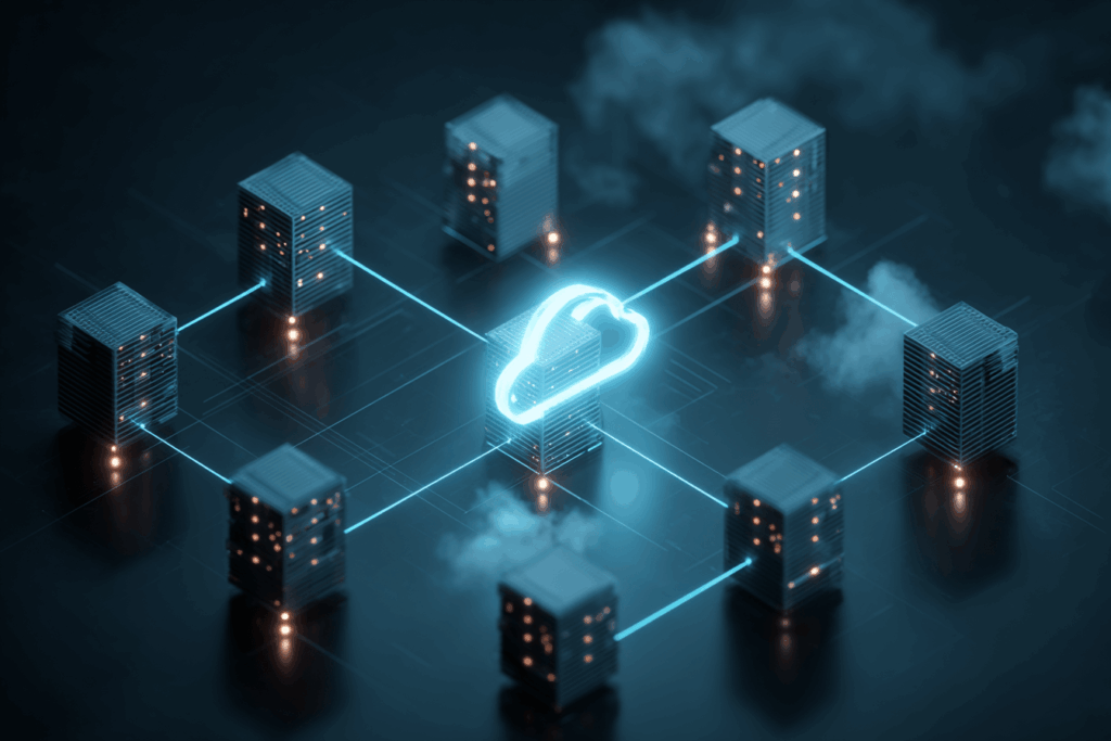 Cloud computing illustration showing servers and data flow