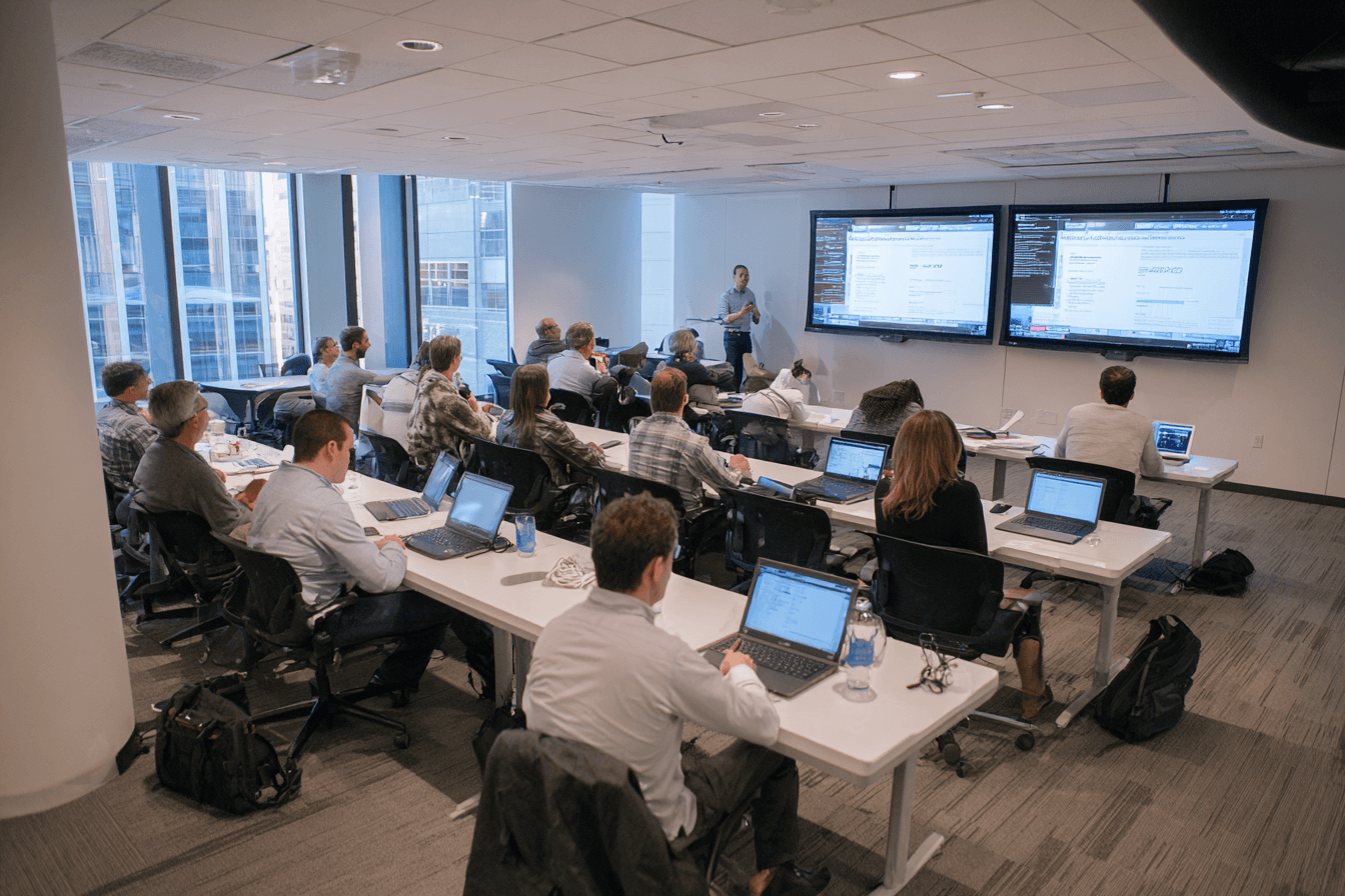 Employees attending a cybersecurity awareness training session to improve business protection