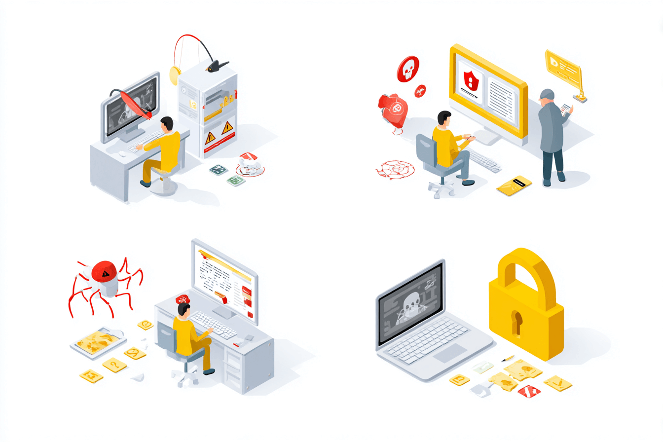Illustration of different types of cyberattacks including phishing, malware, and ransomware