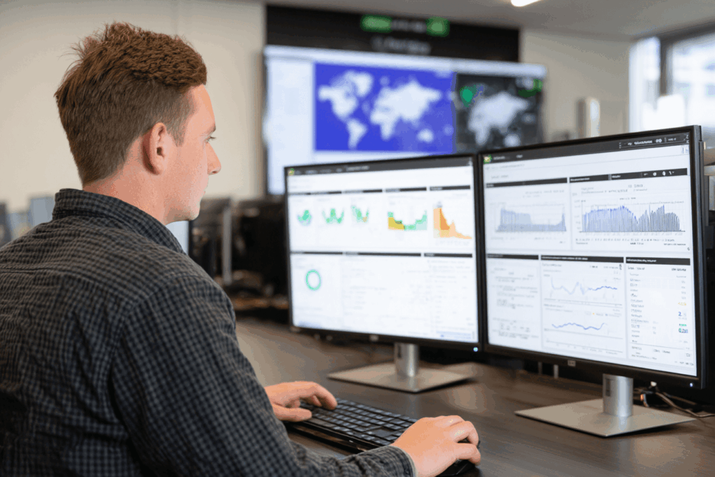 Epic IT engineer reviewing backup dashboard with clear RPO and RTO targets for a Perth client