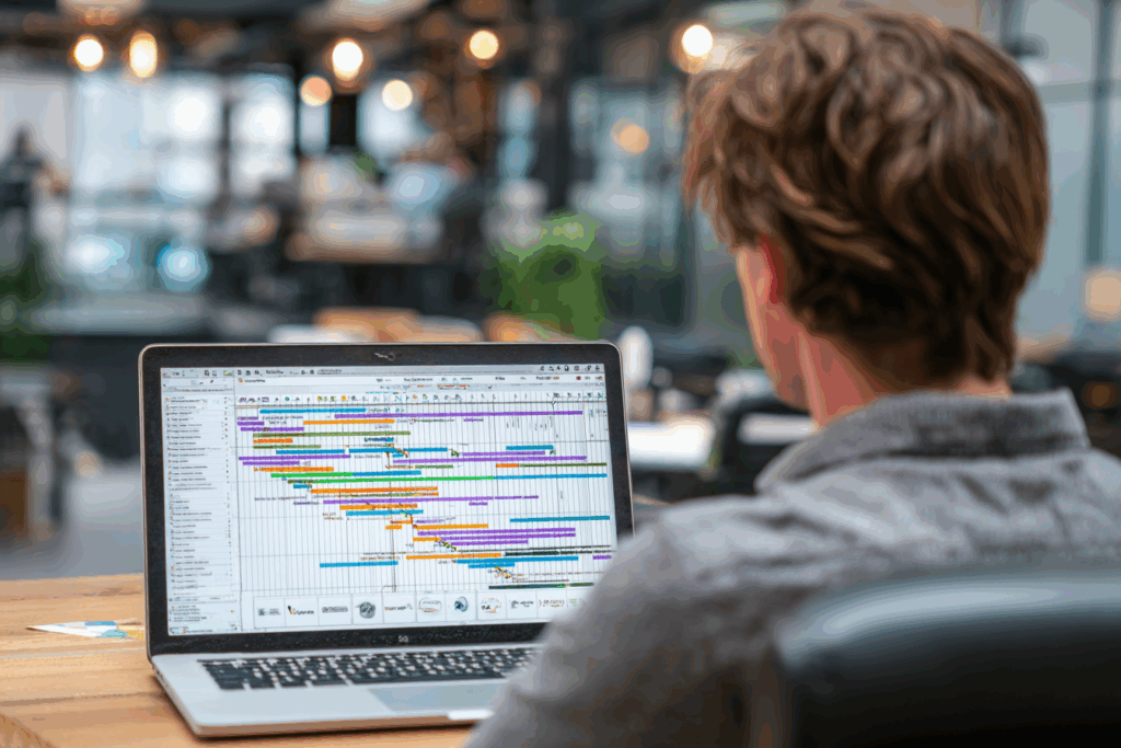 project manager reviewing workflow charts on a laptop
