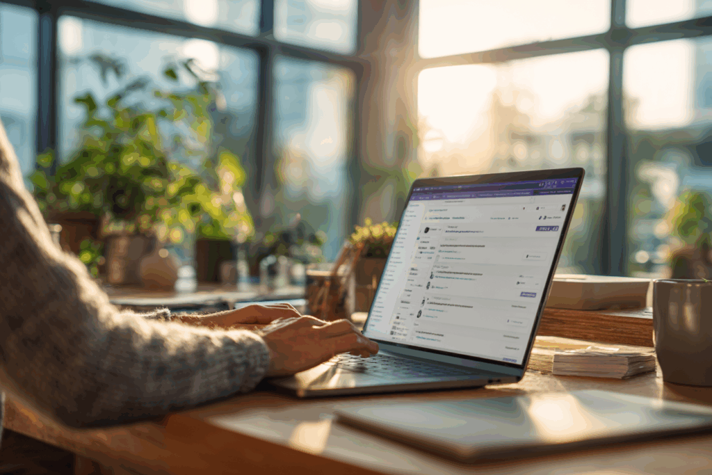  IT specialist configuring Microsoft Teams settings on a laptop
