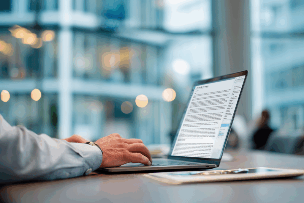 Security compliance consultant reviewing DISP documentation on a laptop
