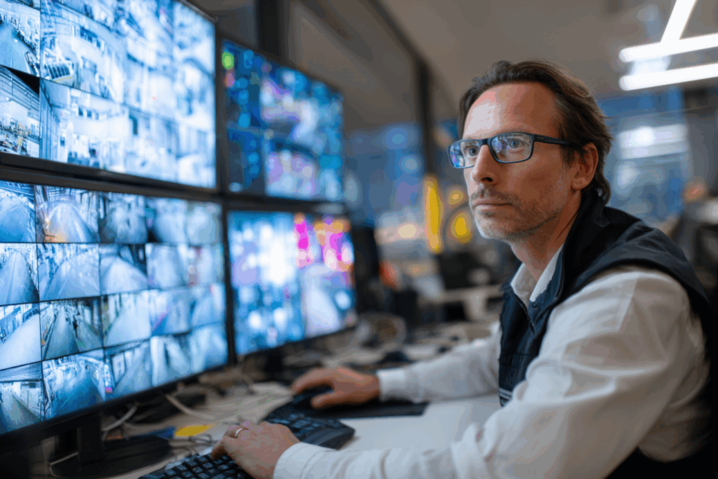 Defence contractor verifying secure access controls in an office environment
