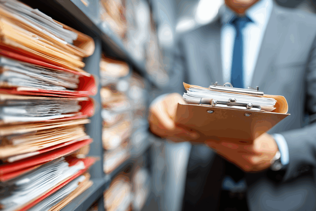 Compliance officer organising DISP accreditation evidence and files
