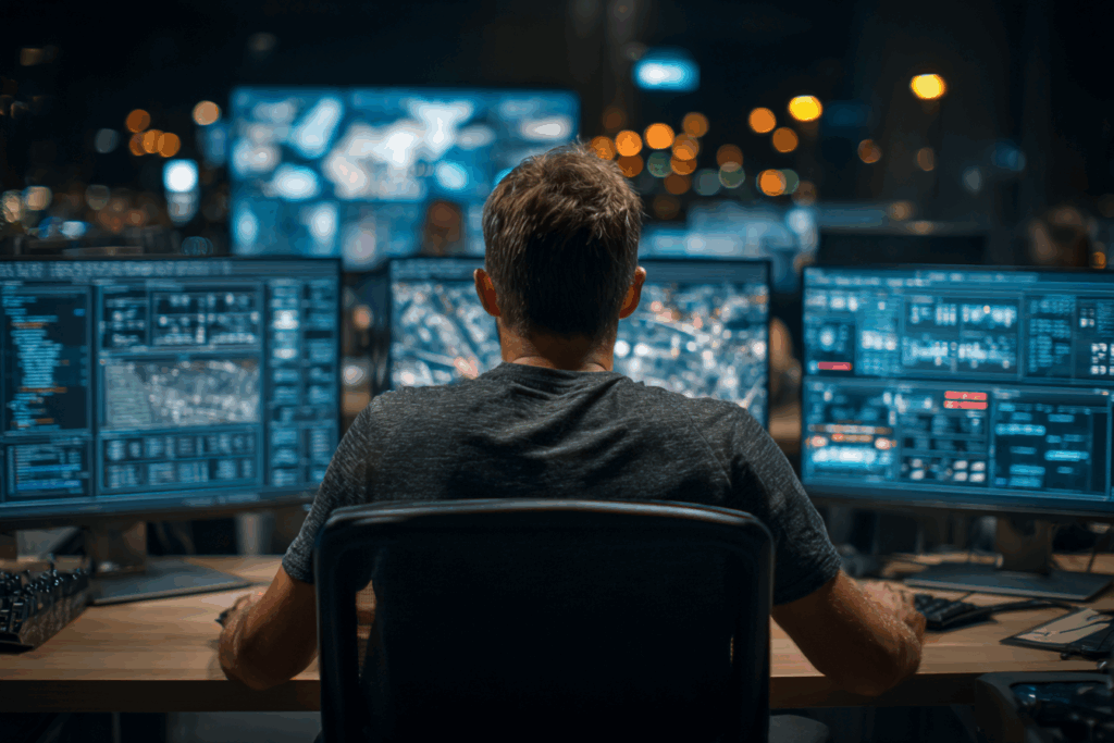 Cybersecurity specialist reviewing Essential 8 controls on a secure workstation
