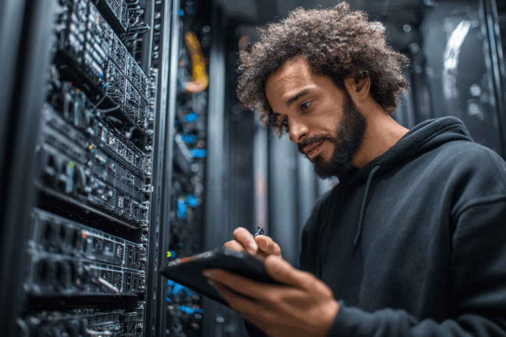 Technician verifying secure backups and restoration readiness as part of Essential 8 requirements
