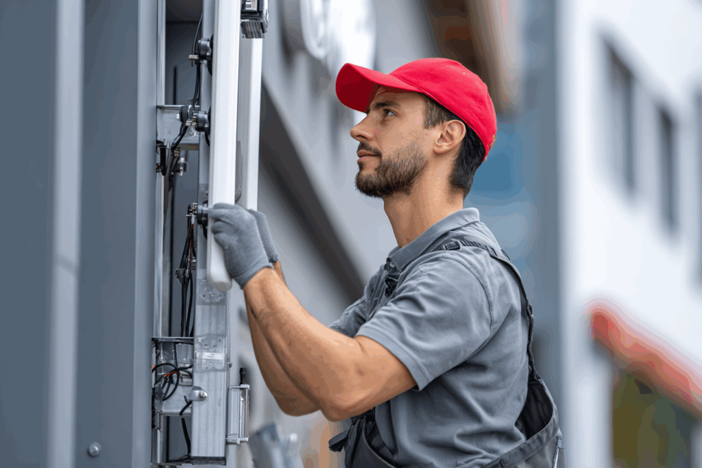 Technician positioning an external 5G antenna on a retail store facade