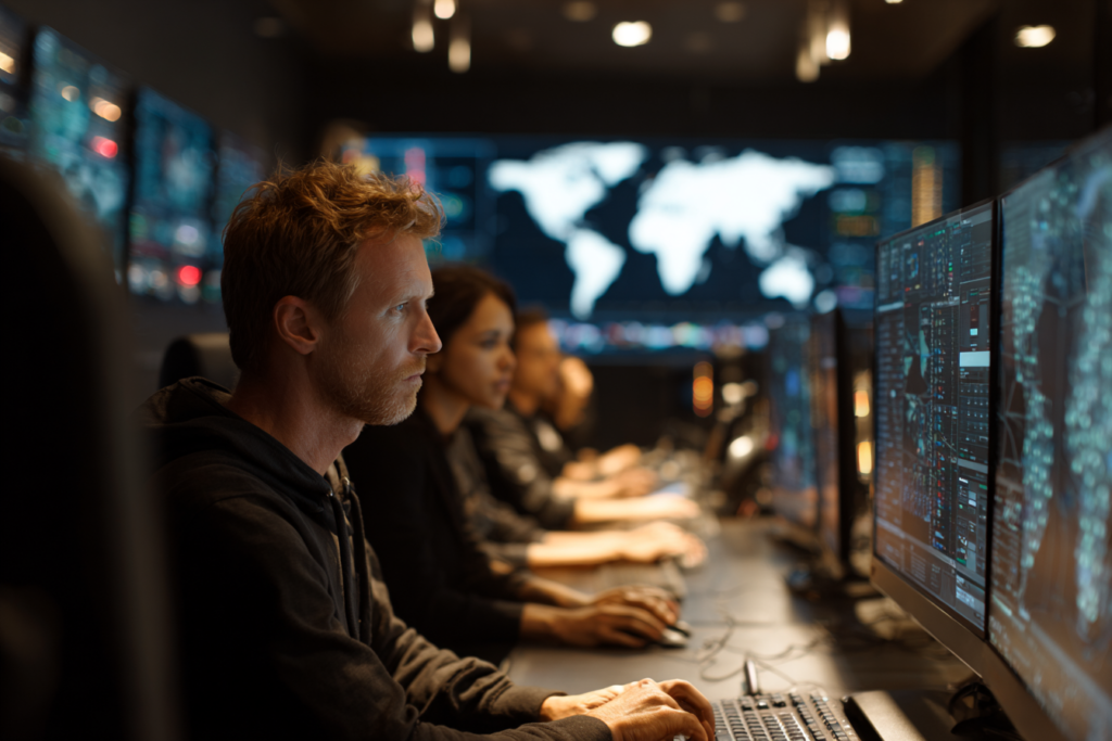 IT security team monitoring network activity in real time
