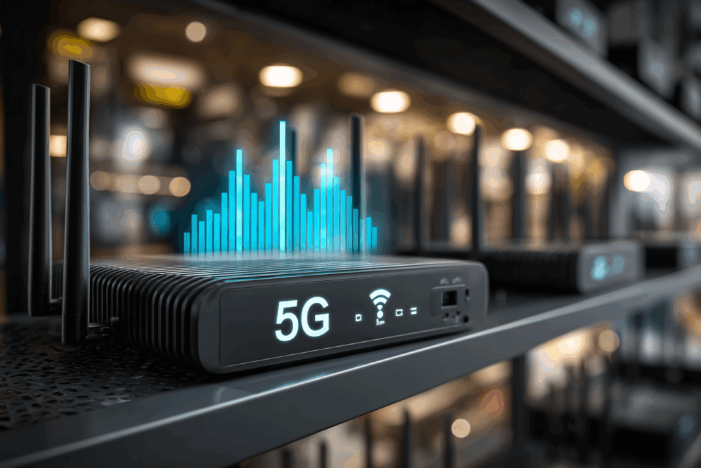 5G business router on a shelf with signal bars visible